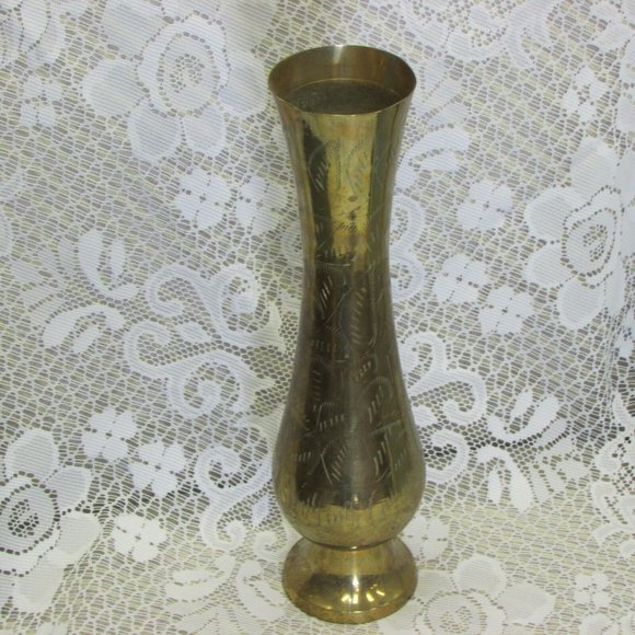 SOLID BRASS Vase 12" Tall Etched Engraved Vintage Boho Chic Home Decor - Picture 3 of 6